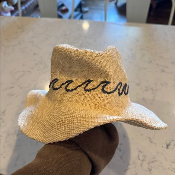 “Surf’s Up” Woven Straw Sun Hat with Navy Script - Picture 3 of 5